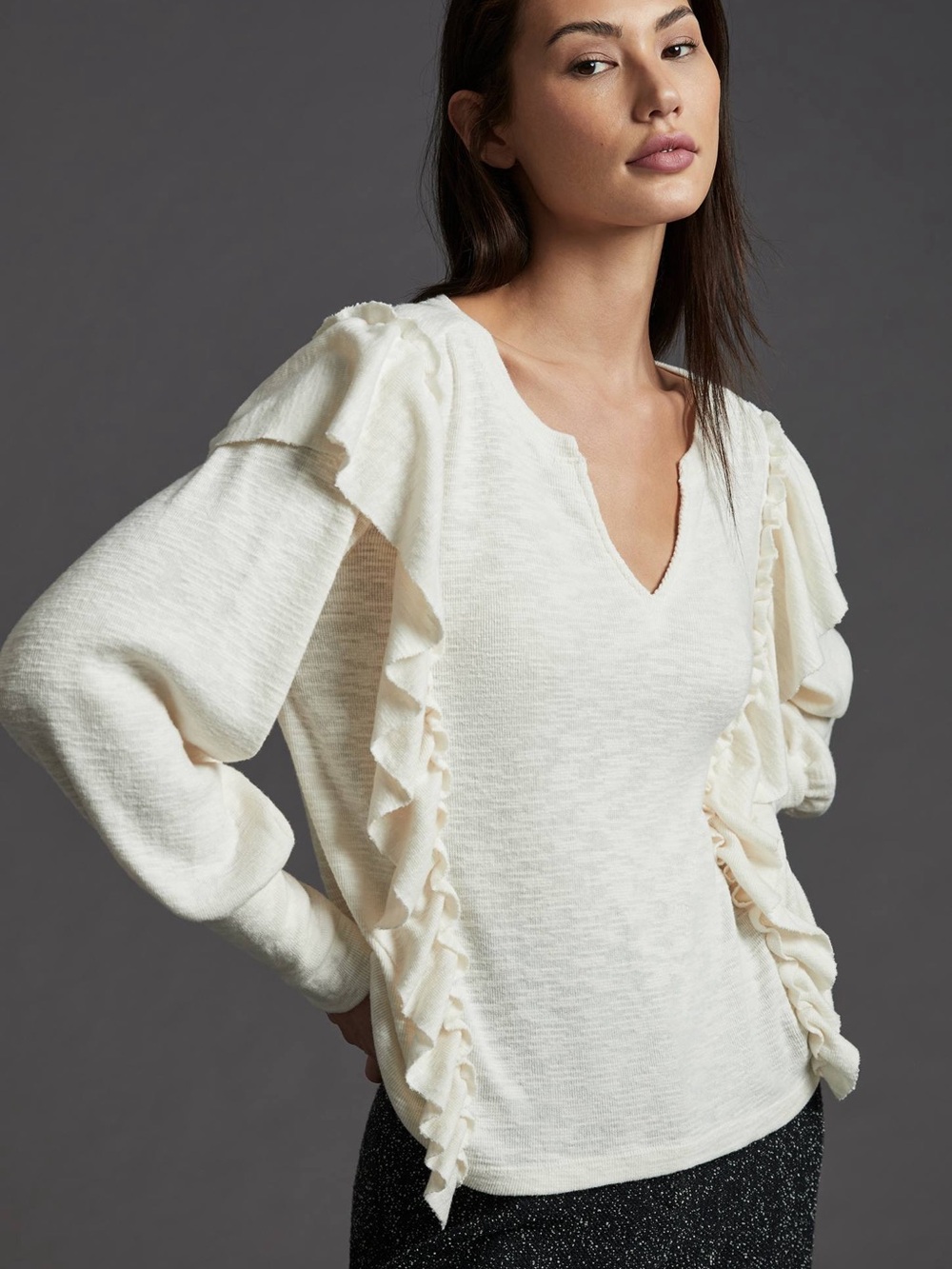 PILCRO Anthropologie Cozy Popover Knit Top Ruffled Ivory Boho Size M - Picture 2 of 12